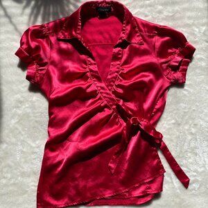 Finesse Women’s Magenta Pink Satin Wrap Blouse ‧ Collared V‑Neck Tie Top ‧M
